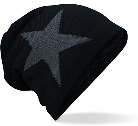 PiriModa Damen & Herren Feinstrick Mütze Unisex weiches Fleece Innenfutter (Schwarz/Grau Stern)