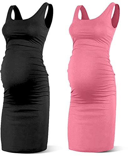 Rnxrbb S-2XL Robe de maternité d'été sans manches pour femme - Débardeur de grossesse - Col rond - Vêtements moulants décontractés, C-noir + rose, Taille S