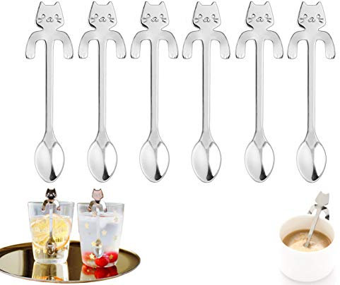 6 pièces de cuillère à café chat en acier inoxydable 304, cuillère à dessert cuillère à thé design suspendu pour chat, utilisée pour la boisson de dessert au café au lait de thé d'eau