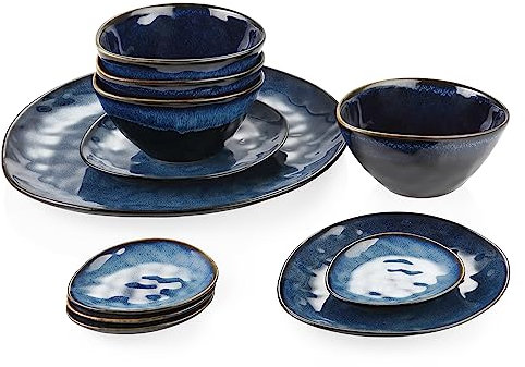 vancasso serie Starry Platos Vajilla de Gres Oval de 11 Piezas, Juego de Vajillas de Vintage Esmaltado Reactivo para 4 Personas, 4 Cuencos 4 Platos de Salsa 2 Platos Postre, 1 Platos Grande, Azul