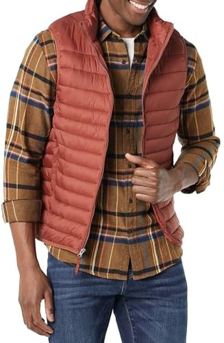 Amazon Essentials Herren Leichte, Wasserbeständige Pufferweste, Verstaubar, Erdrot, L