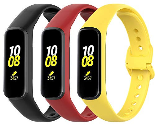 Yikamosi Bands Compatible With Samsung Galaxy Fit 2,Soft Silicone Stainless Steel Clasp Replacement Smart Watch Bracelet Strap Bands Fit Samsung Galaxy Fit 2 SM-R220(3PC,Black+Red+Yellow)