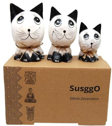 SusggO Set de 3 Gatos de Madera. Hechos a Mano Artesania Figuras Gatos Decorativos Decoracion Tallado a Mano Gato de la Suerte Adorno Mueble (Blanco DECAPADO Detalles Negros GBN)