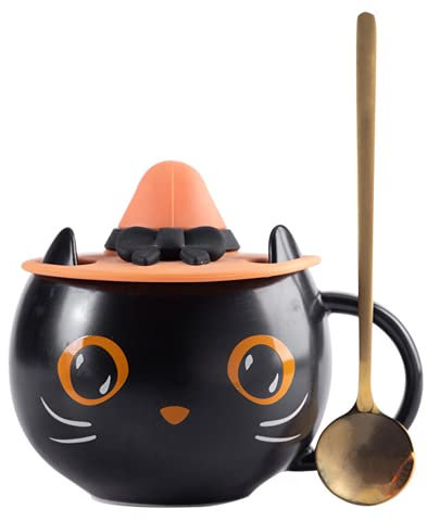 FBWSM Taza de Gato Negro con Sombrero de Bruja Lindo Gatito Taza de café de cerámica única para los Amantes de los Gatos Taza de té de Gatito Negro Oficina y hogar