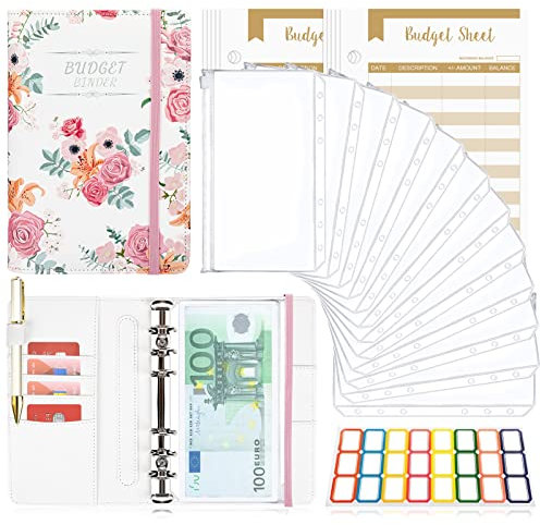 Budget Planner Budget Binder A6, Budgetplaner Geld Organizer mit Weiche Tasche, TAOPE Budget Binder Notizbuch A6 Cash Stuffing, Haushaltsbuch mit Geldfächer, Budget Planner Rosenblüte Rosa Rose - Weiß