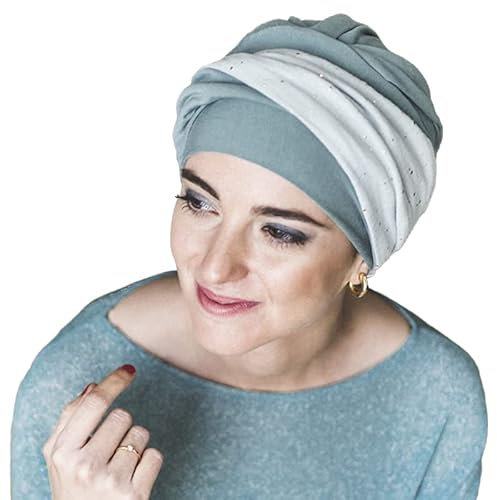 Carebell Elegance Aigue-marine Gold - Turban Bonnet oncologique en bambou pour chimiothérapie ou alopécie, bleu aqua, Taille Unique