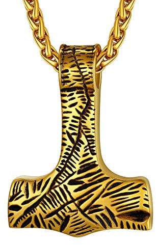 Richsteel Collier Viking Pendentif Marteau de Thor Fissure Acier Inoxydable Chaîne Corde 55cm+5cm Couleur Or