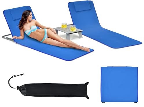 GOPLUS 2er Set Strandmatte mit Tisch, Strandliege klappbar leicht, Strandmatte mit Rücklehne 5-stufig verstellbar, inkl. 2 abnehmbare Kopfstütze, Oxford-Gewebe, für Terrasse & Strand (Marineblau)