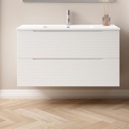 Kibath Mueble de Baño con Lavabo Boreal 100 cm 2 cajones suspendido Acabado Blanco Mate Fabricado en Madera