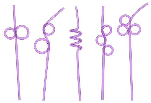 Fiesta First 10 Premium Long Crazy Silly Straws, Twisty Twirly Fun Colorful Party Spiral Purple Straws, Recyclable Plastic BPA Free Reusable, Loop Curly Swirly
