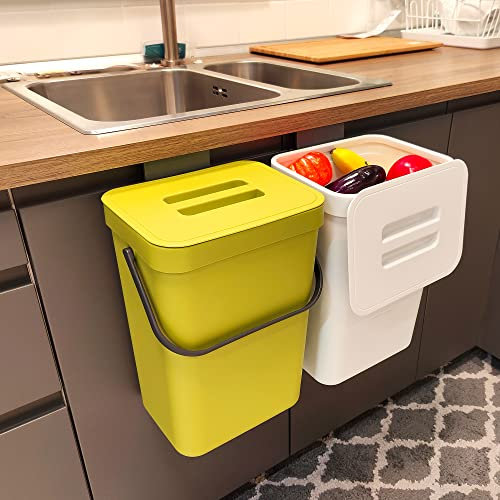 StoneSpace Petite poubelle avec couvercle, seau à compost intérieur montable, poubelle à suspendre avec couvercle pour placard/salle de bain/chambre/bureau/camping, 12 L, vert