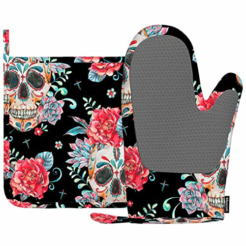 Mxocom Totenkopf und Rosen Ofenhandschuhe und Topflappen-Set, Vintage, Aquarell, Kaktus, Sukkulenten, Boho-Stil, Totenkopf, Tag der Toten, Silikon, Küchen-Ofenhandschuhe, Topflappen zum Kochen