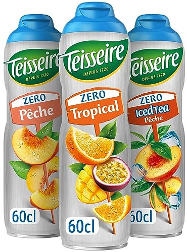 Lot de 3 sirops Teisseire Zéro Sucres (Tropical, Pêche, Iced Tea Pêche) pour Boisson Rafraîchissante, Cocktails, Bidon Recyclable 3x60cl
