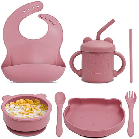 Coffret Repas Bebe,Feelhap Set Vaisselle Silicone Repas Bébé de 7 Pièces,Bol et Assiette bébé ventous Bavoir Bebe Couvert Enfant Tasse Apprentissage et paille Pour Lave Vaisselle et au Micro Onde,Rose
