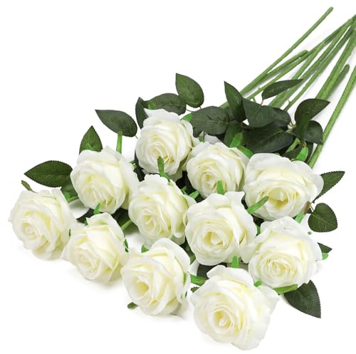 10Pcs White Roses Artificial Flowers,Fake Silk Single Rose 20in Long Stem | Faux White Roses Gift Flowers Arrangement for Wedding Party Holiday, Floral Decor Backdrop Artwork Centerpiece Hotel Office