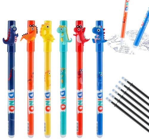 WINKIO Radierbare Kugelschreiber 6 PCS mit 6 Blau Ersatzmine,0.5mm Erasable Pen Leicht Zu Reiben für Studenten, Büro, Geschenke(Theme Dino)