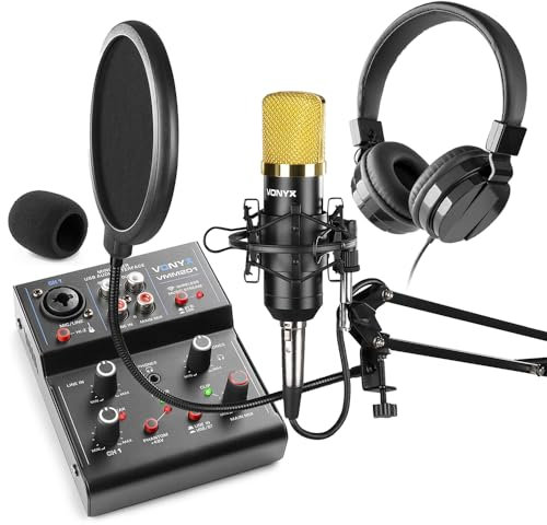 VONYX CMS400B Podcast Starter Kit with Condenser Microphone, USB Audio Interface 2-Channel Mixer, Studio Headphones, Bluetooth & Pop Filter Set for Home Recording & Streaming