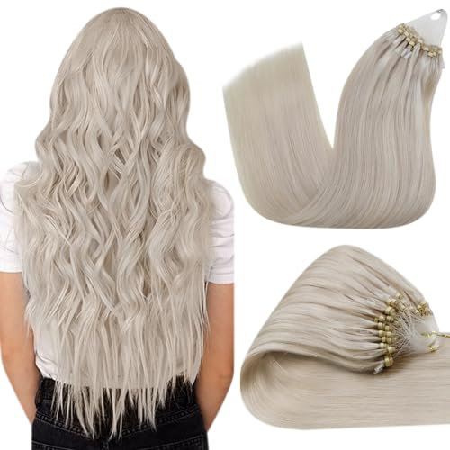 Hetto Microring Extensions Echthaar Blond 50CM Haarextension Echthaar Microring Remy Haarverlängerung Echthaar Microring Cold Fusion Platinblond #60 50g Menschliches Haar