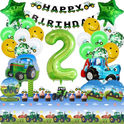Geburtstagsdeko 2 Jahre Jungen, 86 exquisite Dekorationen,Enthalten Traktor Luftballon, Tortendeko , Kinder Partygeschirr Set,Happy Birthday Banner Servietten