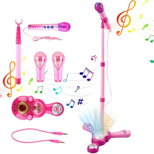 KSHSAA Juego de micrófono para niños con Soporte, micrófono con Soporte para niños - Micrófono de pie para niños con Soporte Ajustable | Luces LED Coloridas, Juguetes Musicales, Regalos de cumpleaños