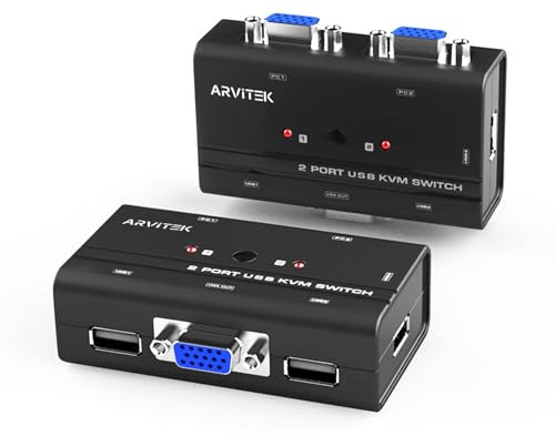 2 Port VGA KVM Switch w/2 KVM Cables, Arvitek USB VGA Switch to Share 1 Monitor and 3 USB Devices Between 2 Computers, Supports 1920×1440