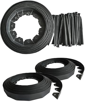 KCT Black 20 Metre Flexible Plastic Lawn Edging Garden Grass Border with 80 Ground Securing Pegs - 3.7cm High Pathway Edge