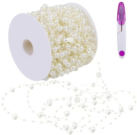 60m Perlengirlande Weiß mit Edelstahl Schere - Deko Hochzeit, Tischdeko Hochzeit, Hochzeitsdeko Tisch - Perlenband Perlenkette DIY Handwerk für Geburtstage Taufen Jubiläen Christbaumkette und mehr.