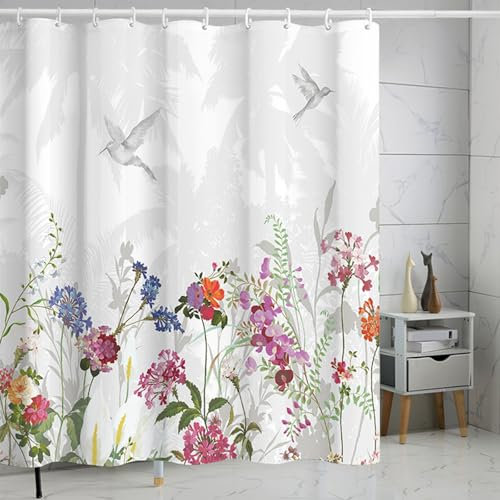 FAIRYGATE Vorhänge Grün Bathroom Curtains Duschvorhang 180x180 Blumen Duschvorhänge Stil Kunst Badewanne Vorhang Wasserdicht Polyester Stoff Waschbar Badevorhang für Badezimmer mit Haken B9722