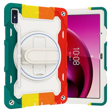 Custodia per tablet Lenovo Tab M10 5G 10,6 TB360ZU 2023, staffa elastica multiangolare+cinturino girevole regolabile a 360° guscio infrangibile tre in uno, resistente alle cadute, tracolla (rosso