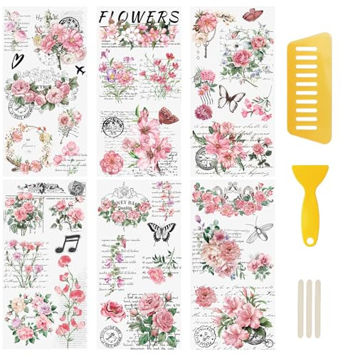 WANDIC 6 calcomanías de flores de transferencia rosadas, decoración de muebles para ventana, nevera, armario, armario, suministros de diario, sobres para laptop