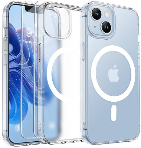 ORETECH for iPhone 13 Case, iPhone 14 Magnetic Case Compatible with Magsafe and 2 Pack Screen Protector Anti Yellowing Ultra Thin Shockproof Matt Frosted Back Phone Case Cover 6.1'' - Frost Clear