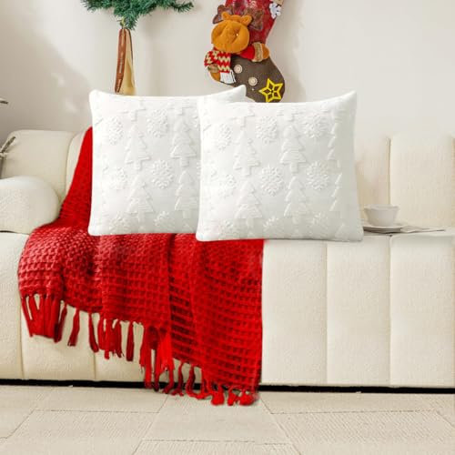 QKTYB Christmas Cushion Covers Set of 2 Pillow Cases 18x18inch, Coral Fleece Xmas Cushion Covers Snowflake and Tree Design Pillow Cover for Sofa Bed Living Room Christmas Decor (White)