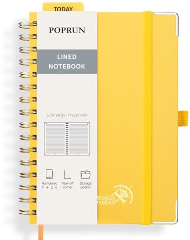 POPRUN Quaderno a Spirale con Righe, Taccuino Classica A5 con Copertina Rigida, 141 Pagine Numerate e Etichette Autoadesive, Carta Spessa 120 GSM, Giallo Chiaro (LYW)