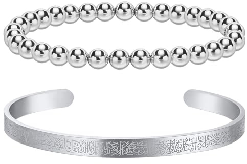 2 Stück islamische Armband für Frauen mit Ayatul Kursi - Arabische Allah Perlen Stacking Armreifen Quaran Tasbih religiösen Schutz Islam Eid Ramadan Schmuck muslimische Geschenke (Silber-Öffnen)