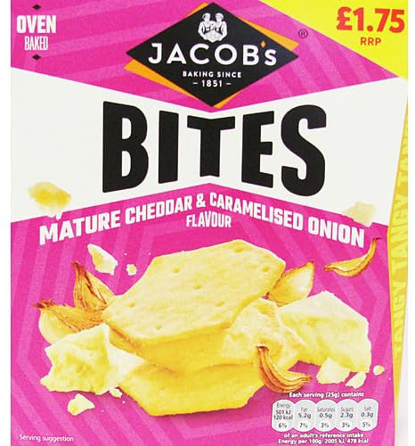 Jaccob's Oven Baked Crisp Flavour Bites (Pack Of 5) Oven Baked, Delightful Crunchy, No Added Palm Oil, No Artificial Colours or Flavours (125g, Mature Cheddar & Caramelised Onion)