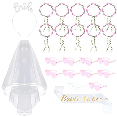 SANLIUSANJIU 24 Stück Junggesellinnenabschied Blumenkranz Haare Set, mit Bride schärpe, Schleier, Tiara, 11Bride Herz Sonnenbrille, 10 Team Bride Blumen Krone, JGA Bachelorette Party Accessoires