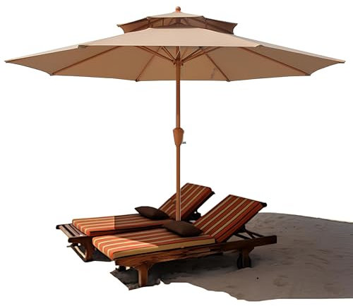 XUQQU Sombrilla De Jardín De Doble Techo, Sombrilla De Playa para Exteriores con Manivela, Sombrillas De Patio para Piscina, Playa Y Picnic, Protección UV, 8 Varillas(Khaki)