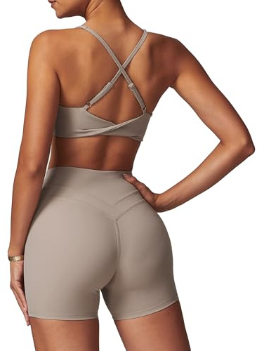 IDOPIP Sport Set Damen für Fitness: Gym Set 2 teilig mit V-Ausschnitt Twist zurück BH und Leggings kurz - Sommer Sportkleidung für Yoga, Pilates und Workout