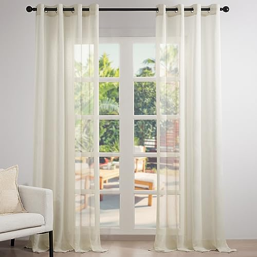 Topfinel Gardinen Stores Gardine mit ösen Voile Vorhang Halbtransparent Moderne Leinenoptik vorhänge kinderzimmer Gardinen Fenster 2er Set 235x140 cm (HxB) Beige