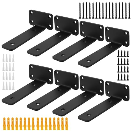 CHUIFAI Lot de 8 Équerre Étagère Murale Charge Lourde - 15,5 cm - 5 mm d'épaisseur - Supports en L Noir Métal - Fixation Invisible pour Cuisine Salle de Bain Bureau