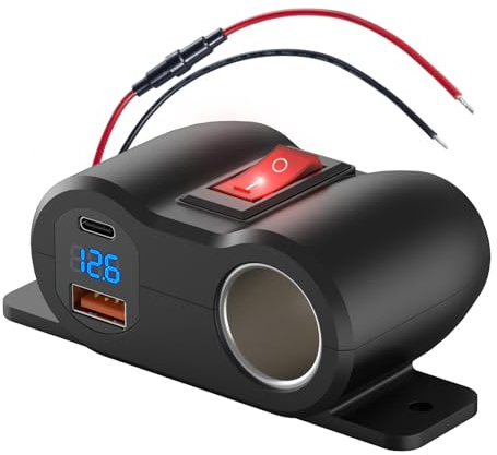 2-in-1 Surface Mount 12V USB Outlet Cigarette Lighter Socket, PD 30W and QC18W Car USB Port Car Charger with Button Switch LED Voltmeter and 120W Socket, Suitable for Cars, Boats, RVs and ATVs