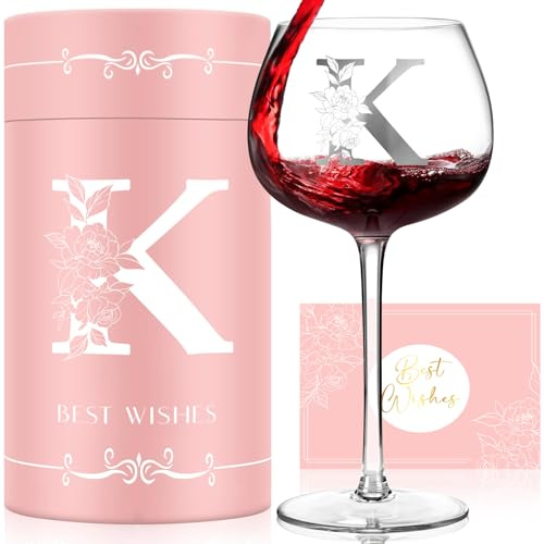 Personalized Gifts for Women, Monogrammed A-Z Wine Glass Customized Gifts, Unique Birthday Christmas Gifts for Women, Initial Wine Glasses Box for Her, Mom, Wife, Sister, Friend, Nurse (K)