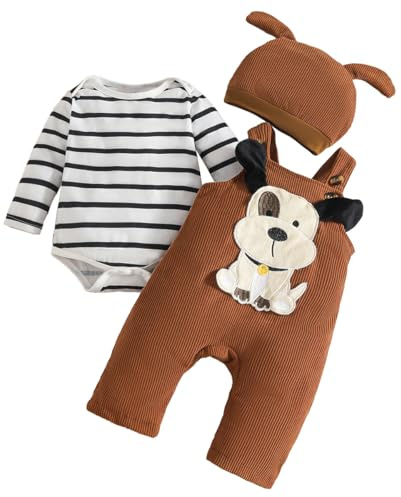 LUVCES Vestiti Set per Neonati Maschi Tutina a Righe a Maniche Lunghe + Pantaloni con Bretelle di Animale + Cappello 3 Pezzi Set di Abiti Autunnali e Invernali 0-18 Mesi