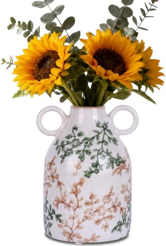 oliruim Vaso da fiori vintage in ceramica verde con manici, brocca per fiori in smalto craquelé, per cucina di fattoria, tavolo d'ingresso o decorazione del soggiorno (verde floreale)