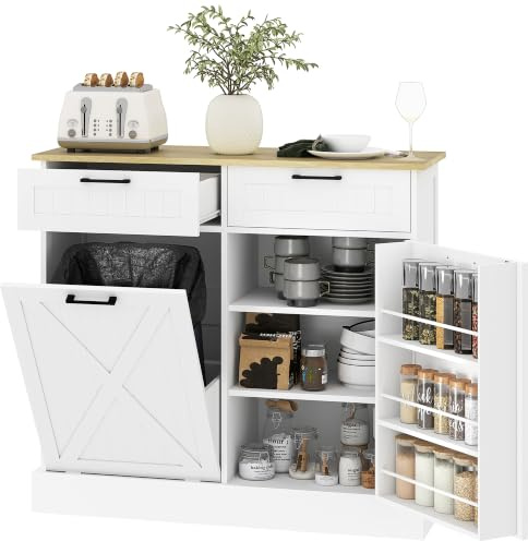 HOMCOM Buffet Cuisine avec Meuble Poubelle 38L, 100 x 36 x 90 cm, Blanc | Îlot de Cuisine Rangement avec 2 Tiroirs, Étagère à Épices et Plan de Travail, Salle à Manger, Salon