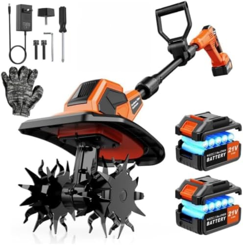 Motobineuse Electrique 21V, 600W Motoculteur électrique sans Balais avec 2 x 3,0 Ah Batteries, 400 TR/Min, Largeur Travail 23 cm, Profondeur 17 cm, Poignée Réglable, pour Pelouse Jardin Travaux du Sol