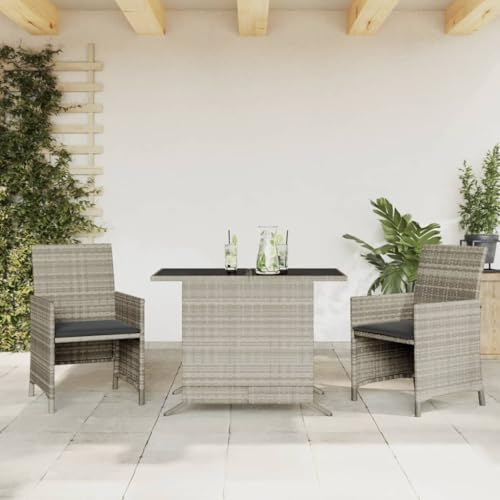 Ordellia 3-TLG. Bistro-Set mit Kissen Hellgrau, Poly Rattan Gartenmöbel, Outdoor Terrassenmöbel Set, Balkon Sitzgruppe mit Glastisch