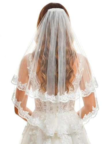 IYOU Hochzeit Schleier für Braut Elfenbein Blumen Spitzen Schleier | 2 Lagiger Langer Brautschleier für Damen