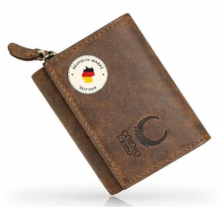 Corno d´Oro Handmade Kleines Portemonnaie Damen Leder I Mini Geldbörse Damen mit RFID Blocker und Münzfach I Geldbeutel für 5 Karten im Geschenkbox
