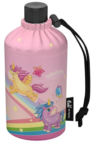 Emil Glas Trinkflasche Rainbow – isolierte Kinderflasche (0,3l) | Für Mädchen & Jungen, Kindergarten & Schule, mit Schutzhülle & Isolierbecher, auslaufsicher, schadstofffrei, Made in Germany